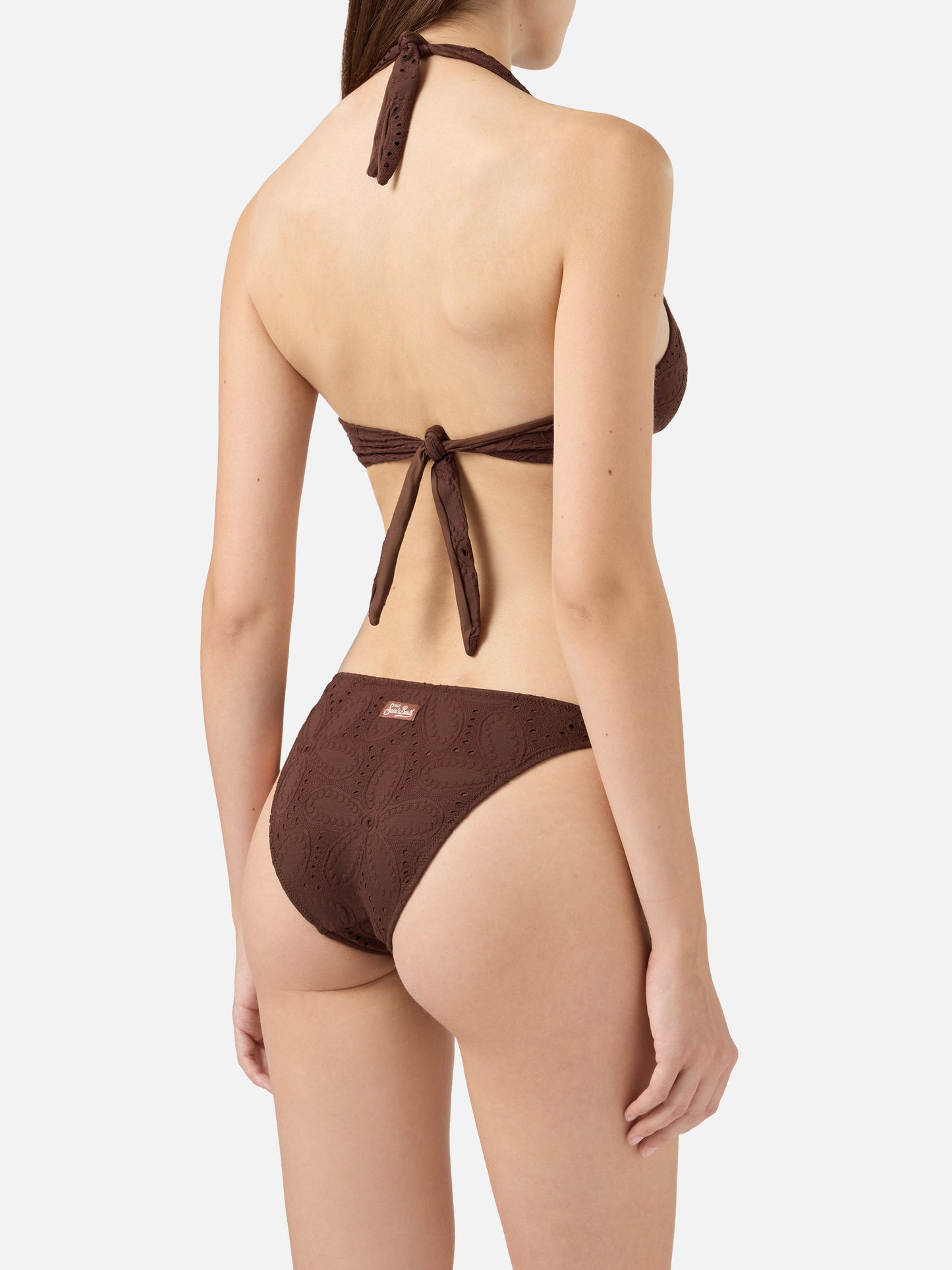 Yali brown Sangallo lace classic swim briefs - Leda Sangallo lace triangle bralette top