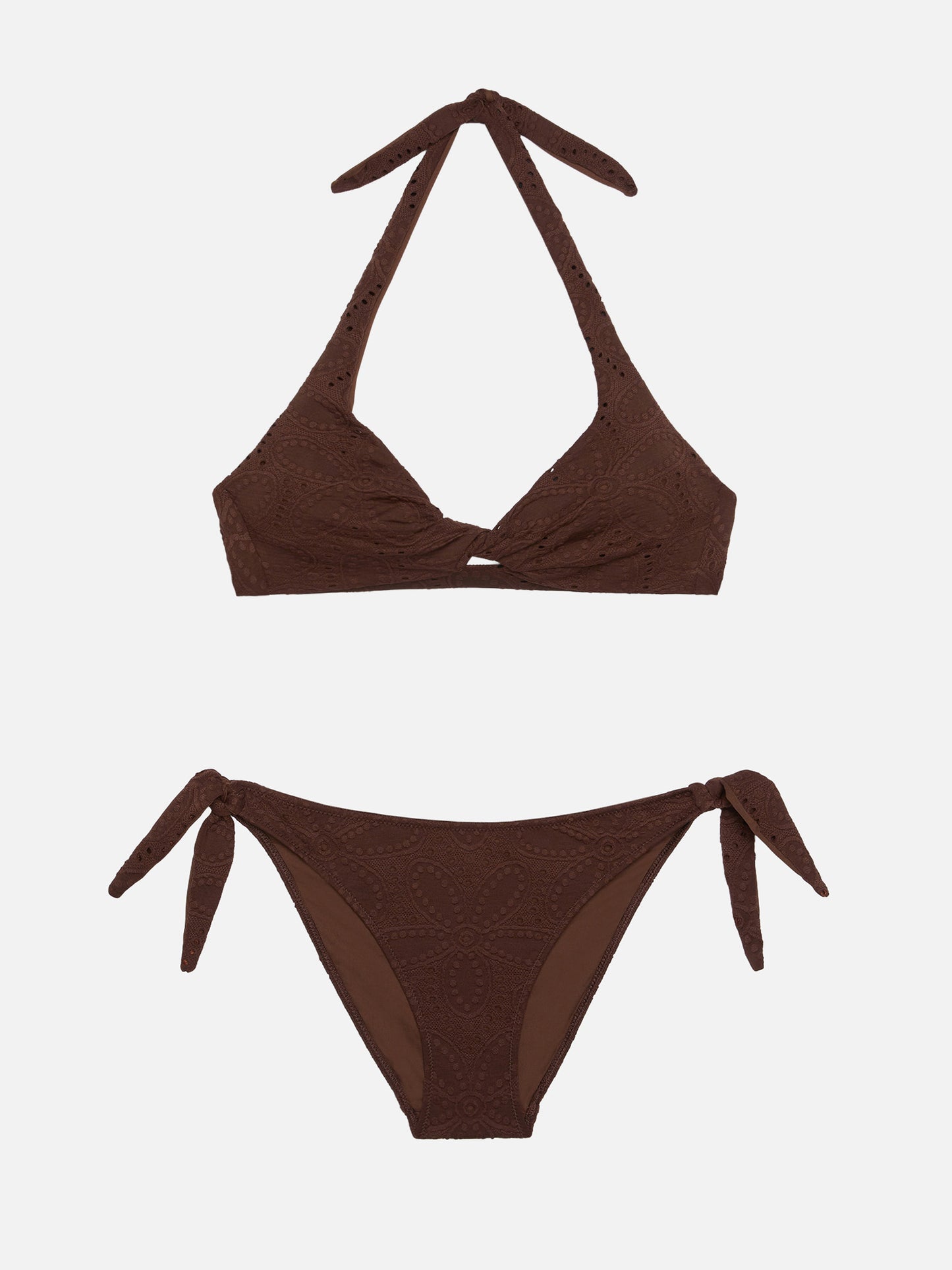 Yali brown Sangallo lace classic swim briefs - Leda Sangallo lace triangle bralette top