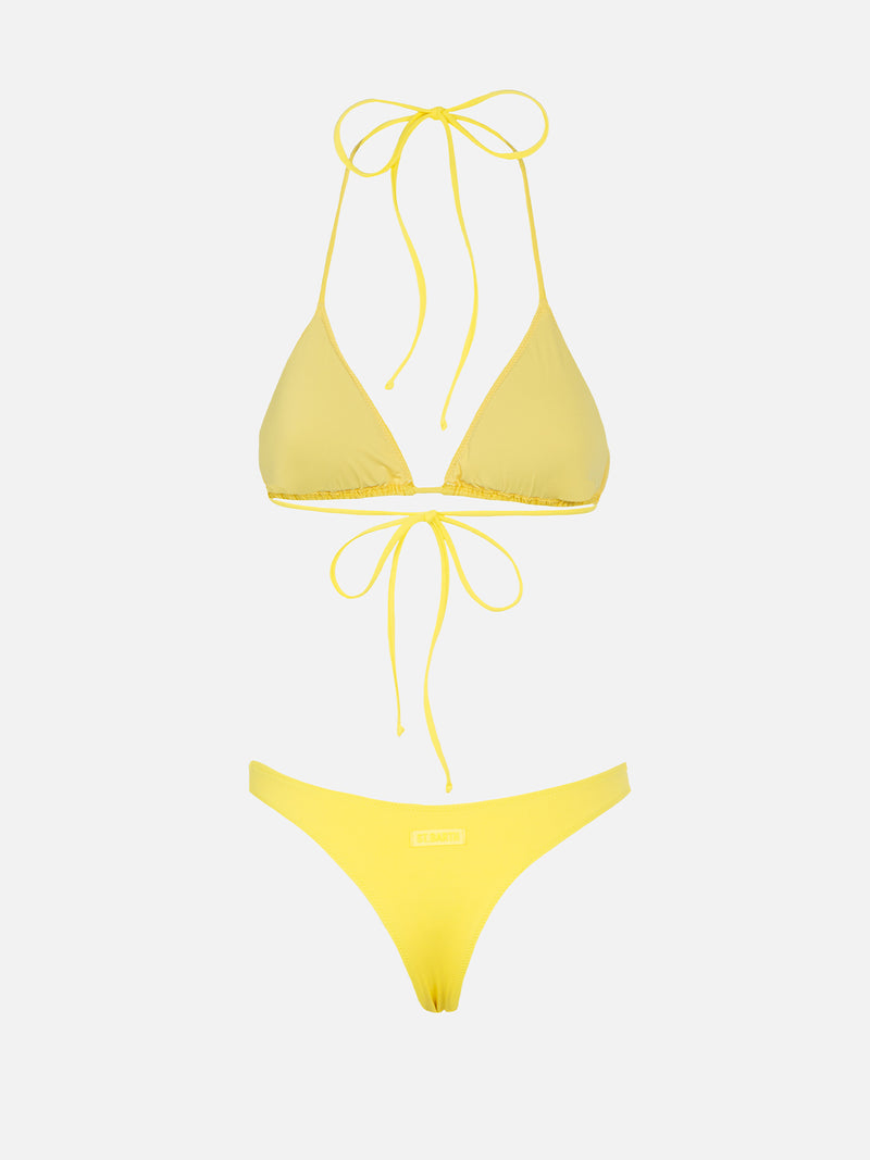 Woman pale yellow triangle bikini Leah Naomi