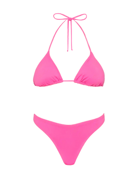 Naomi – Fuchsiafarbene freche Badehose – Leah – Fuchsiafarbener Badeanzug mit Triangel-Oberteil
