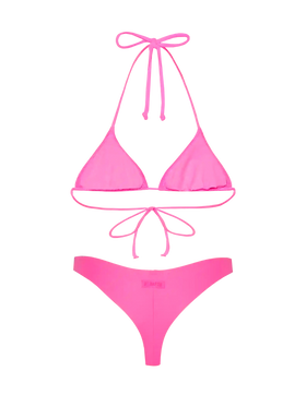 Naomi – Fuchsiafarbene freche Badehose – Leah – Fuchsiafarbener Badeanzug mit Triangel-Oberteil