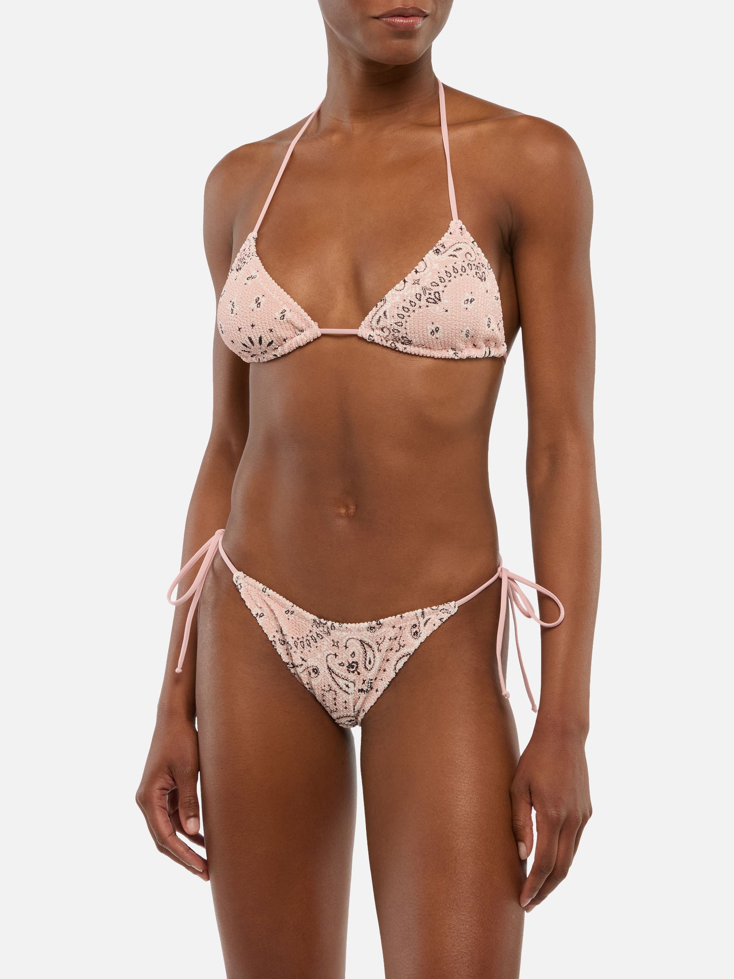 Marielle pink classic swim briefs with bandanna print - Leah pink crinckle triangle top