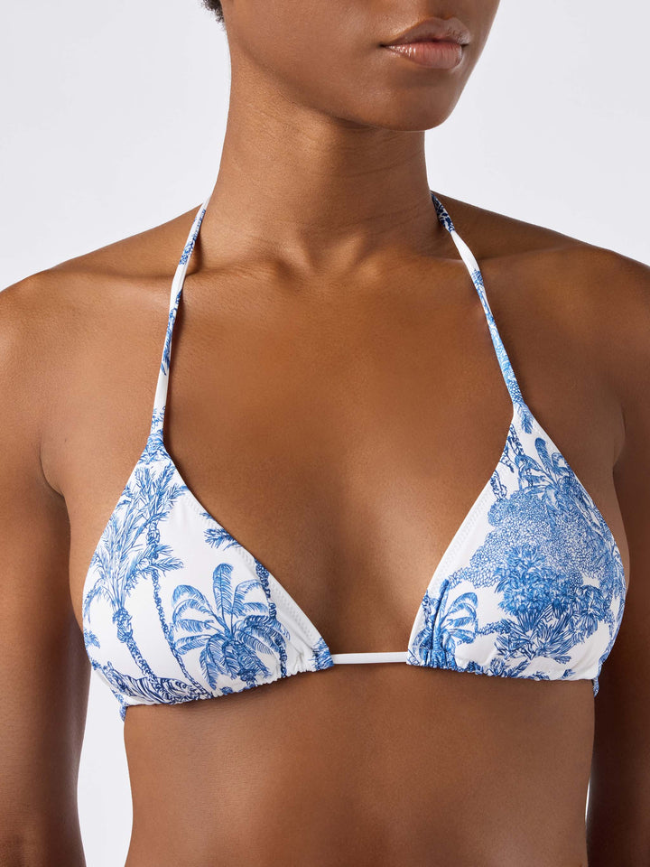 Top bikini Leah triangolo con stampa toile de jouy azzurra