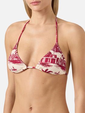 Leah triangle bikini top with burgundy toile de Jouy print