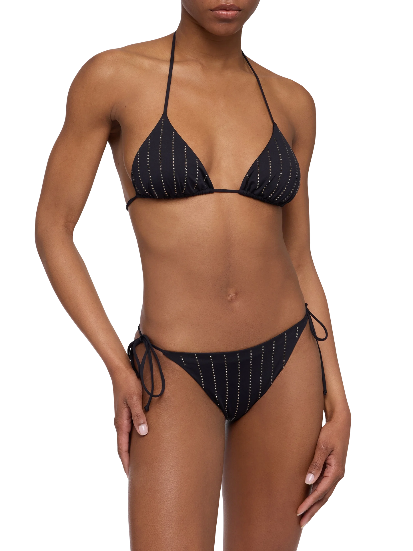Bikini nero classico a triangolo Leah Marielle con decorazione a righe in strass