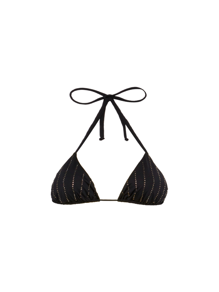 Leah top a triangolo nero con applicazioni di strass a righe