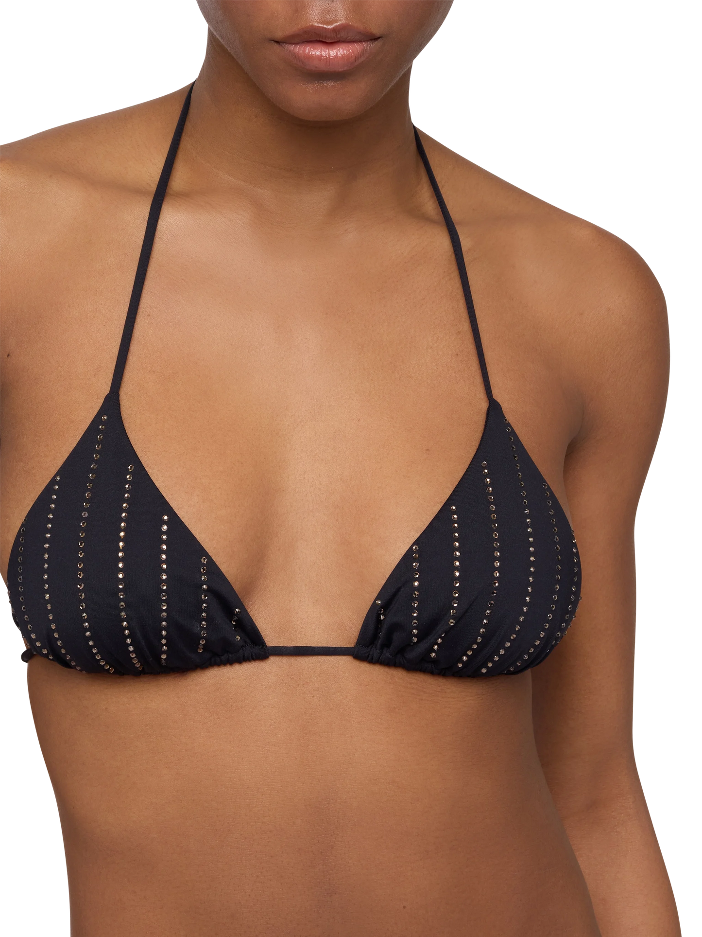 Bikini nero classico a triangolo Leah Marielle con decorazione a righe in strass