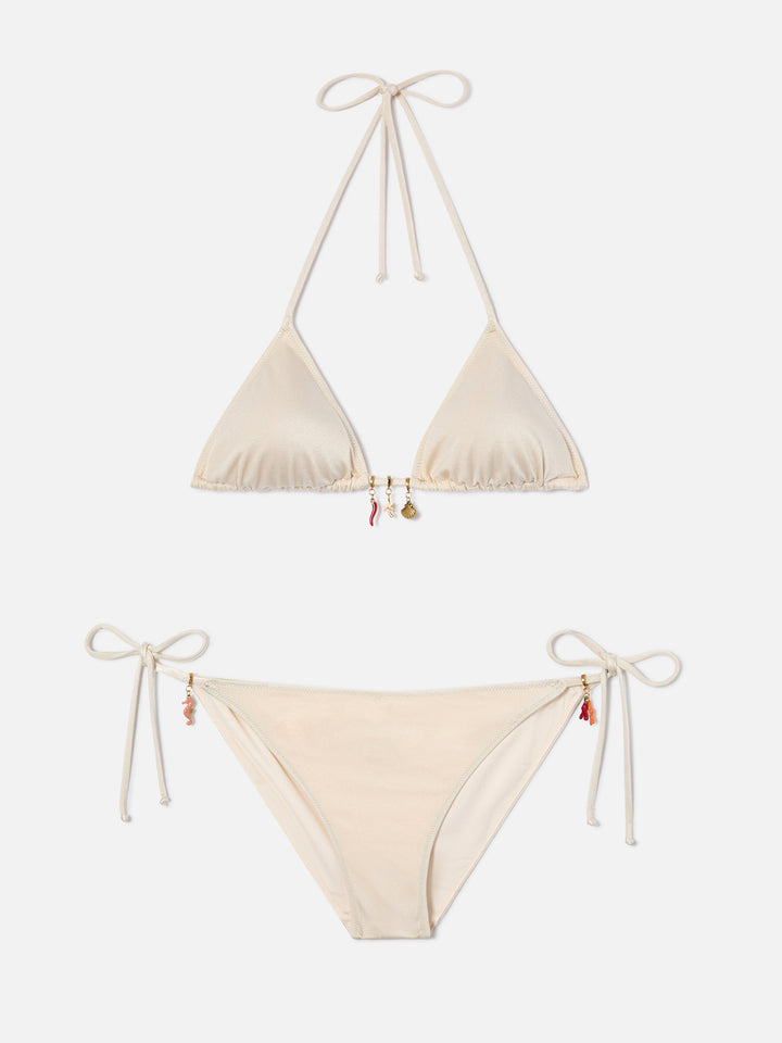 Leah Virgo beige glossy finish bikini with charms