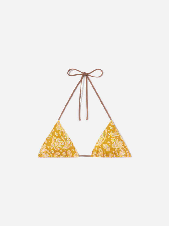 Leah Triangel-Bikinioberteil mit ockerfarbenem Paisley-Muster 
