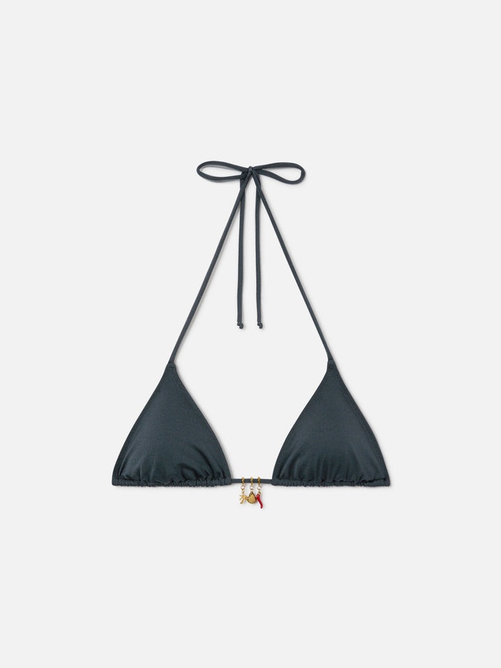 Top bikini Leah triangolo in tessuto glossy finish grigio con charms