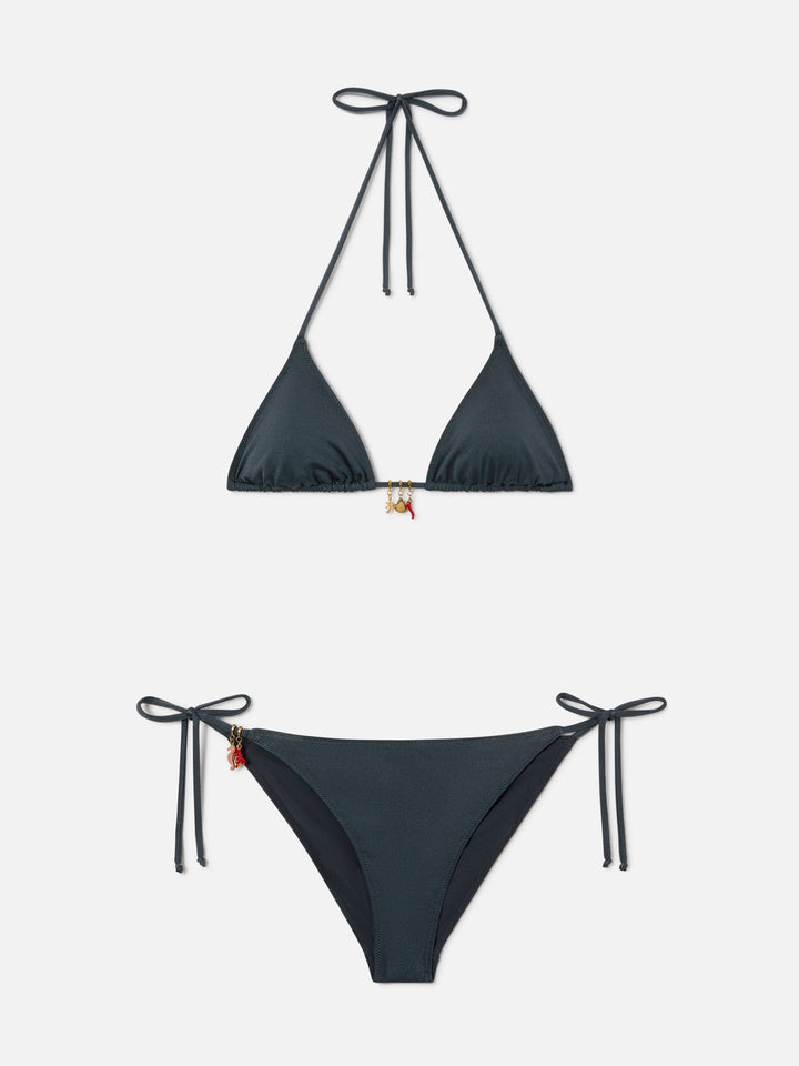 Bikini Leah Virgo gris oscuro con acabado brillante y charms 