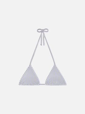 Leah triangle bikini top in blue seersucker striped fabric