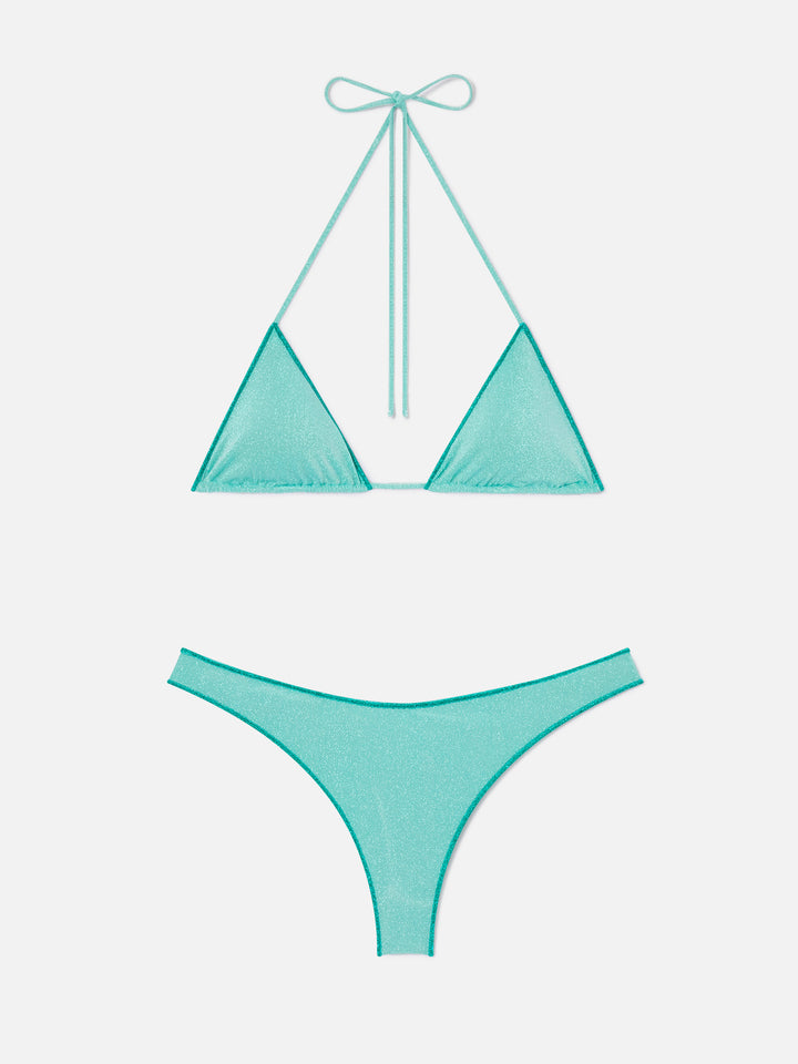 Bikini triangular Leah Naomi de lúrex verde agua 