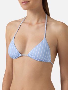 Leah Virgo light blue and white vertical striped bikini