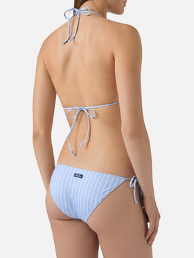 Leah Virgo light blue and white vertical striped bikini