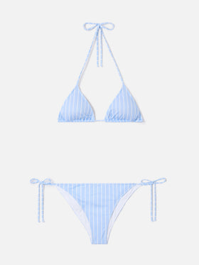 Leah Virgo light blue and white vertical striped bikini