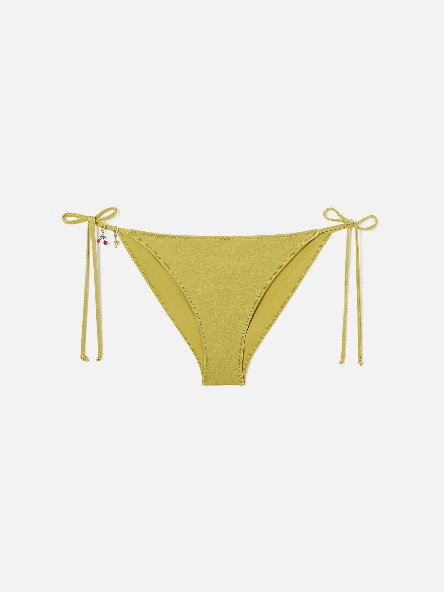 Klassische Virgo Bikinihose aus pistaziengrünem Stoff mit glänzendem Finish und Charm-Details 