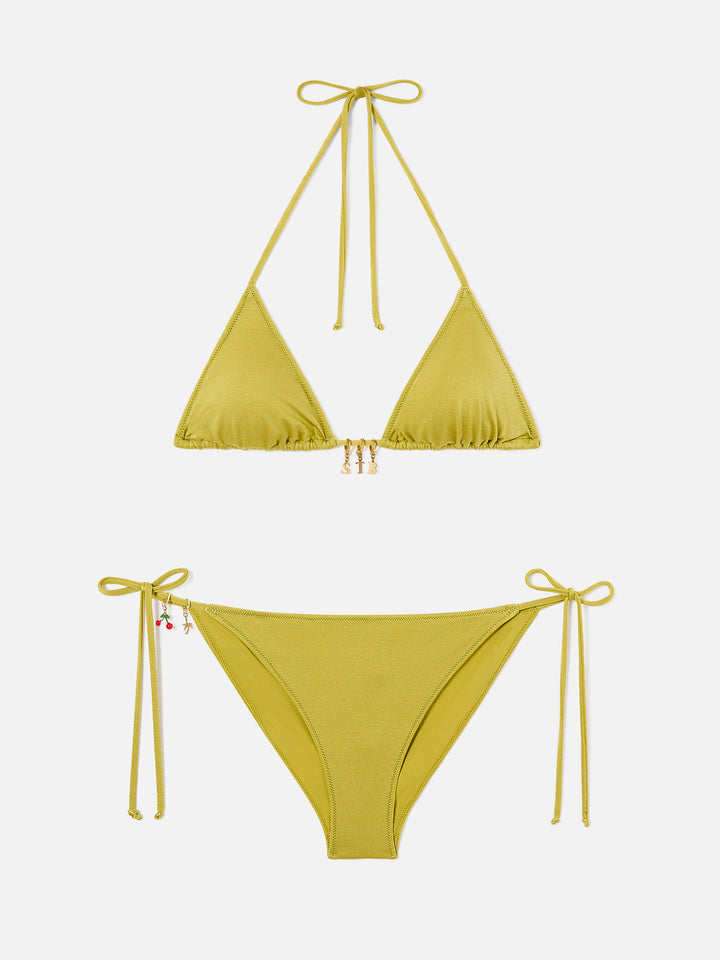 Bikini a triangolo Leah Virgo glossy finish verde pistacchio con charms