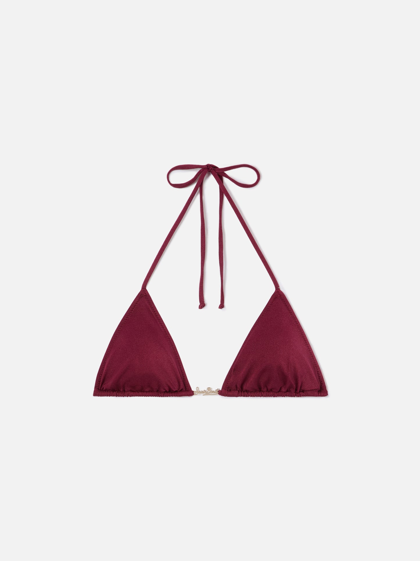 Leah Plate triangle bikini top in burgundy glossy finish fabric