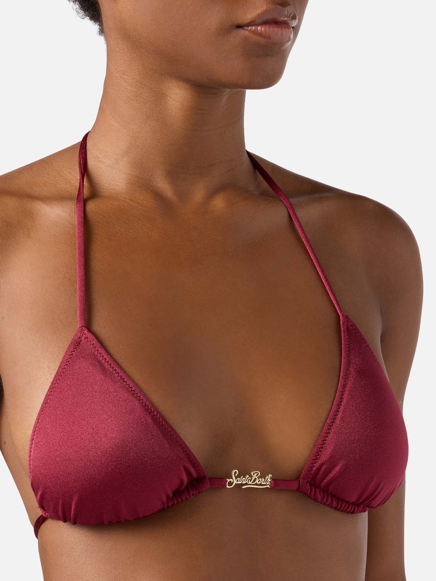 Leah Plate triangle bikini top in burgundy glossy finish fabric