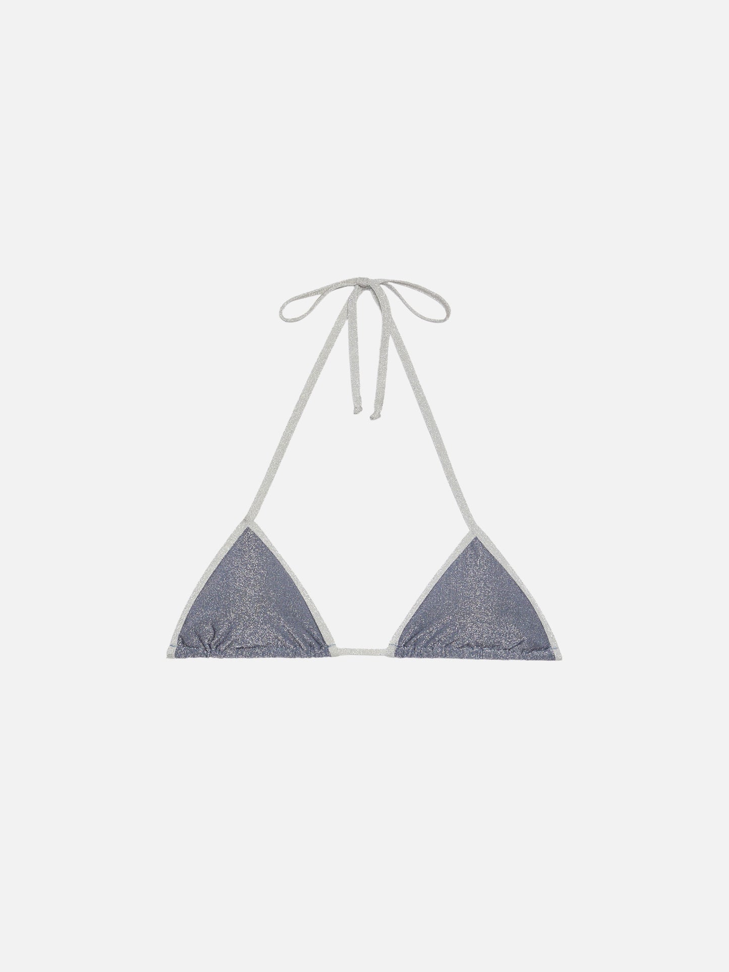 Leah – avioblaues Lurex-Triangel-Top mit silberner Paspelierung