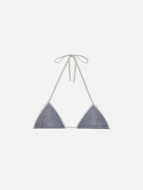 Leah – avioblaues Lurex-Triangel-Top mit silberner Paspelierung