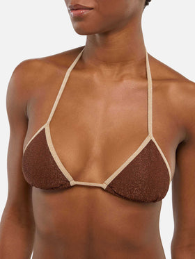 Leah top triangolo in lurex color marrone con profilo oro