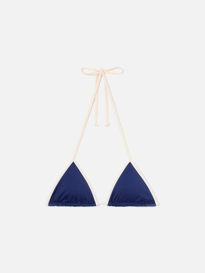 Top de bikini triangular con tirantes Leah en azul con ribetes blancos 