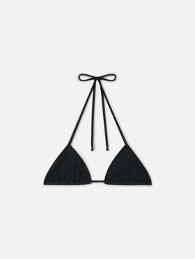 Leah String triangle bikini top in black crinkle lurex fabric