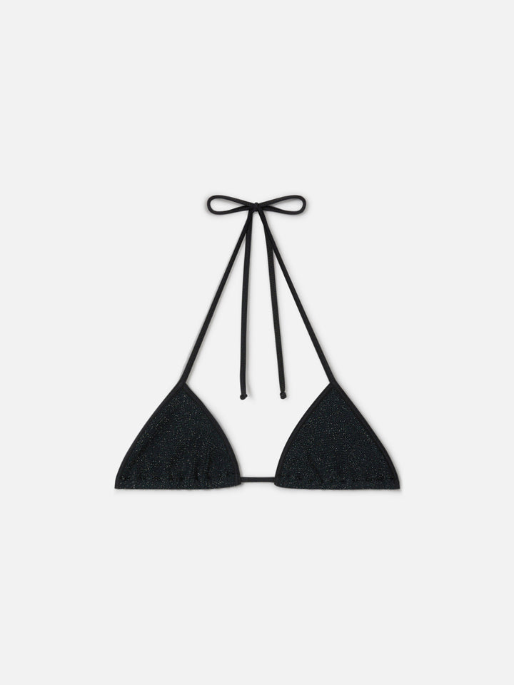 Haut de bikini triangle à ficelles Leah en tissu noir crinkle lurex 