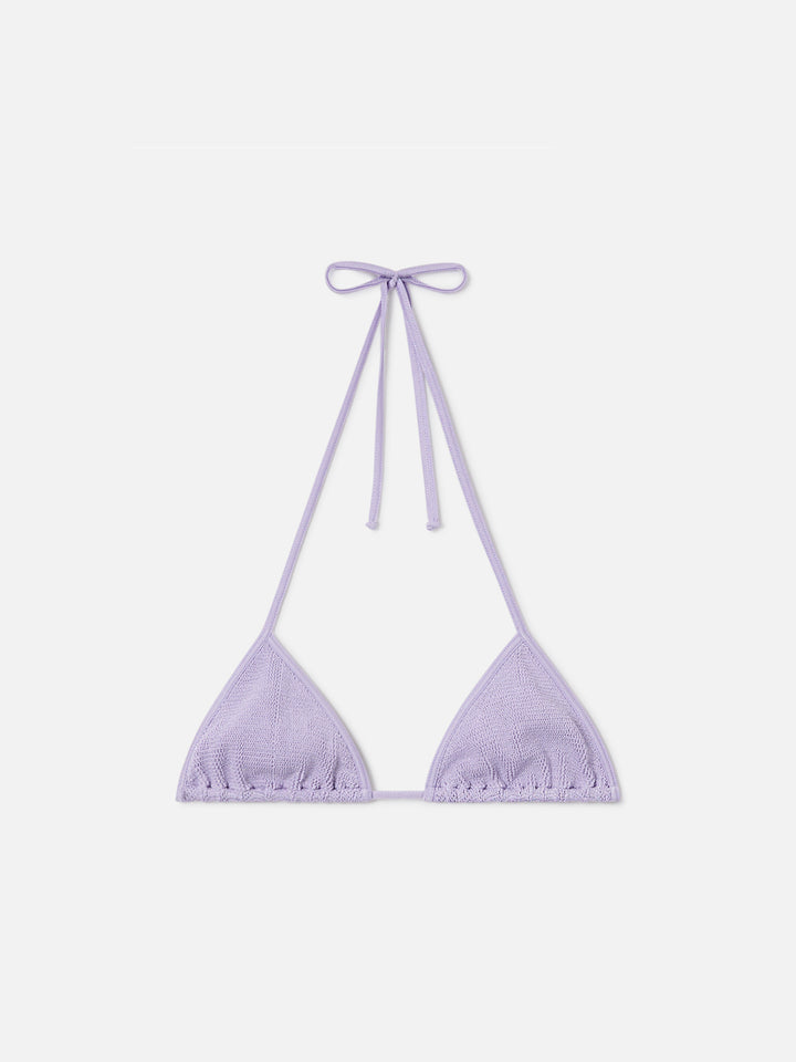Haut de bikini triangle à ficelles Leah en tissu crinkle lurex lilas 