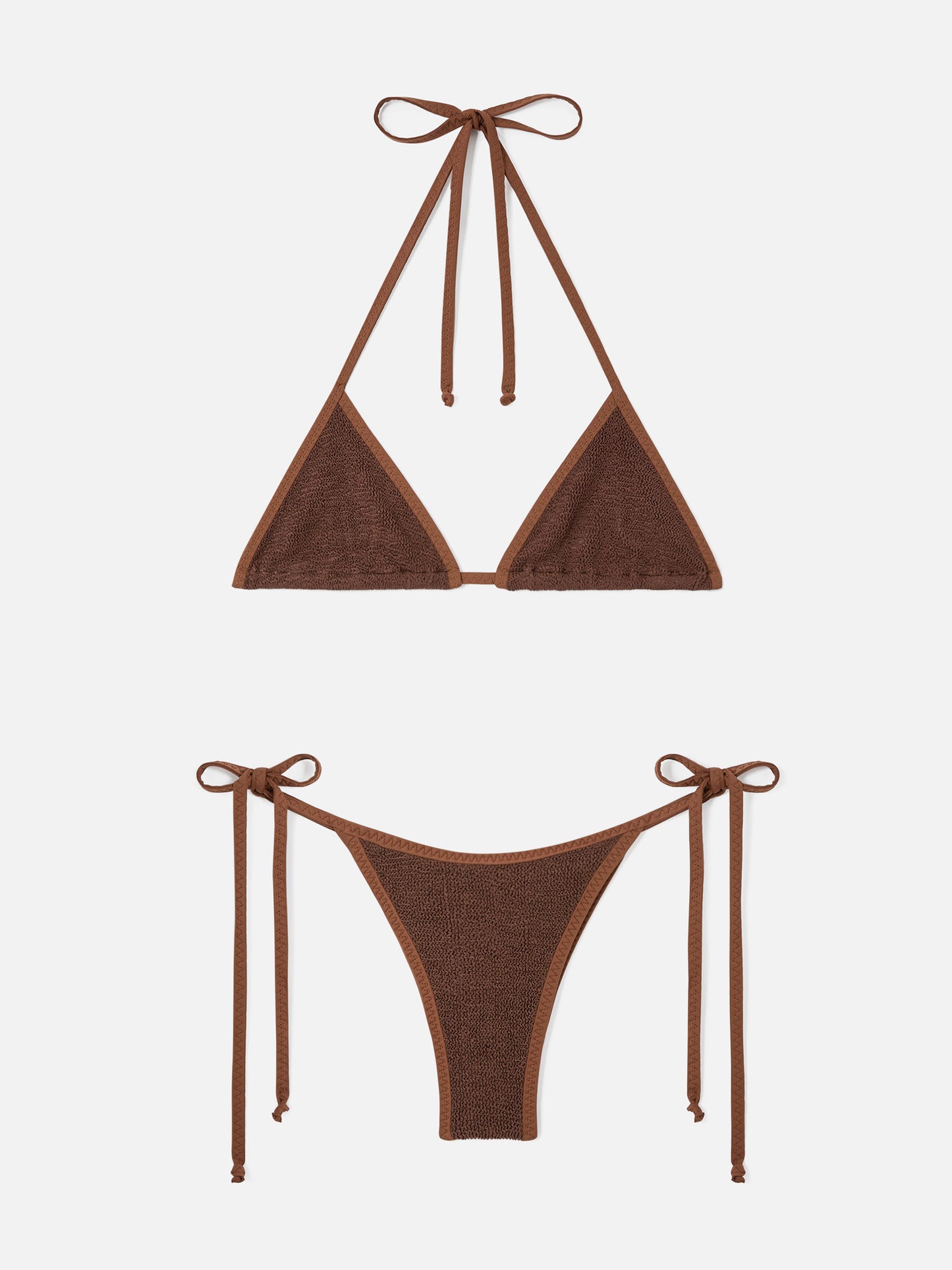Bikini Leah Norah triangolo in tessuto crinkle marrone con piping