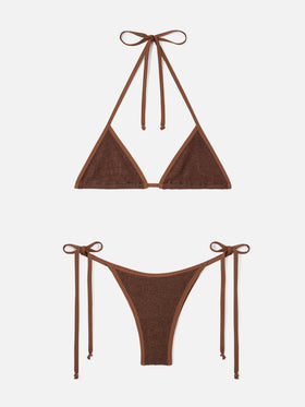 Bikini Leah Norah triangolo in tessuto crinkle marrone con piping