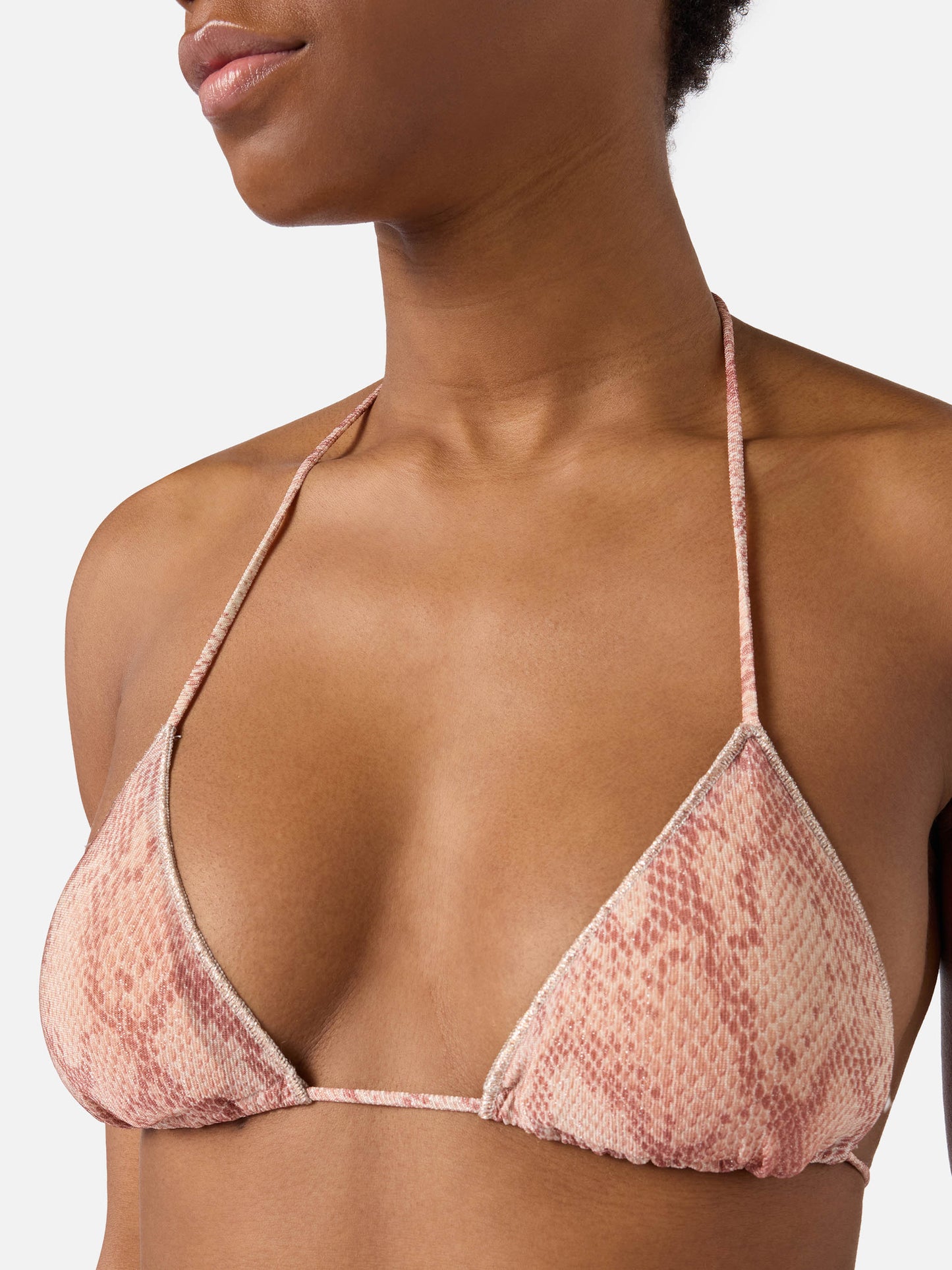 Leah Overlock triangle bikini top in lurex with python print