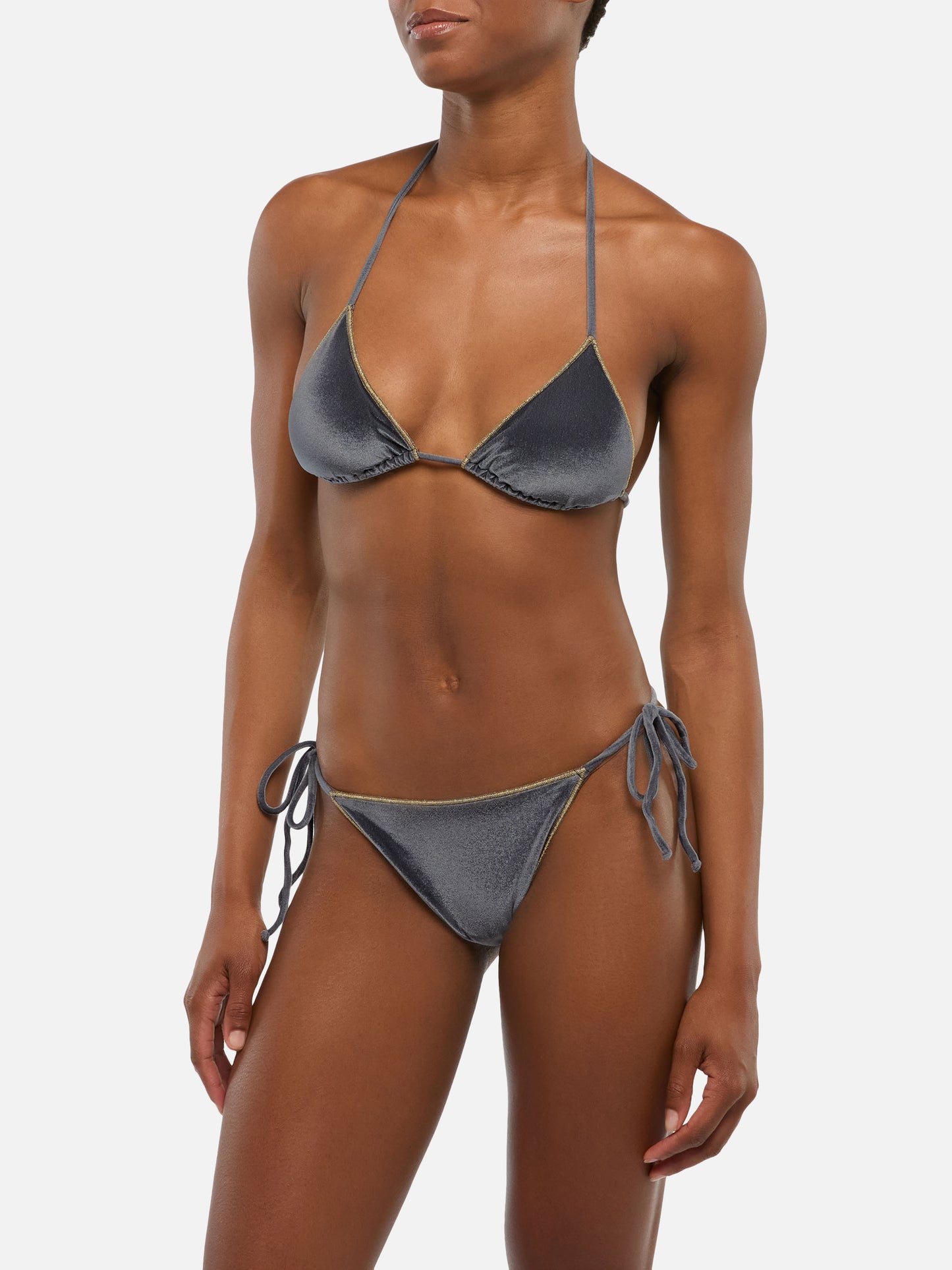 Bikini a triangolo classico Leah Marielle in velluto con profilo oro
