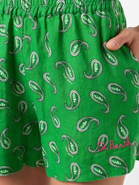 Green Lierre linen shorts with paisley print