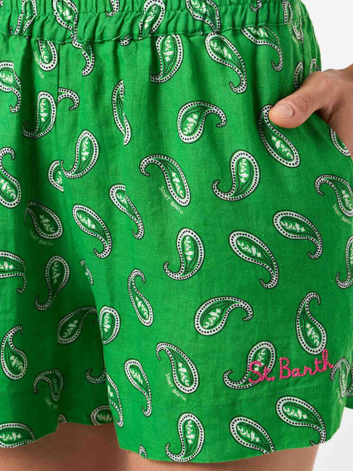 Lierre green paisley linen shorts