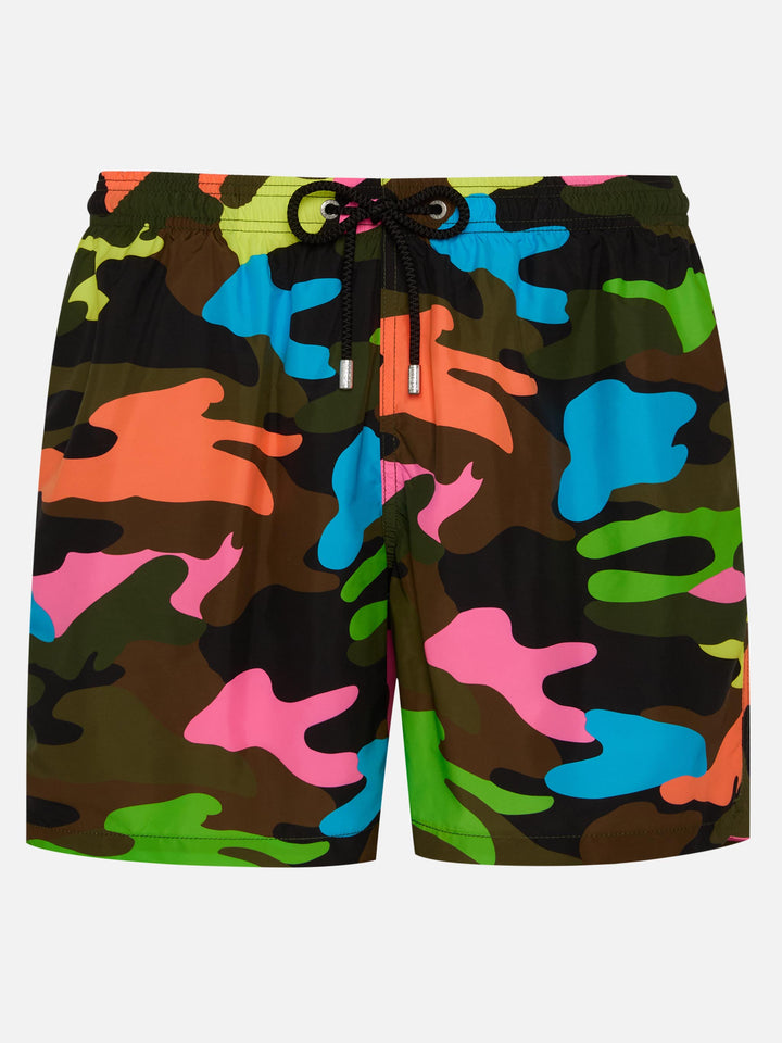 Herren-Badeshorts aus leichtem Stoff mit Fluo-Camouflage-Print