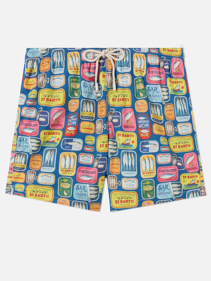 Blue Lighting swim shorts with all-over sardine tins print