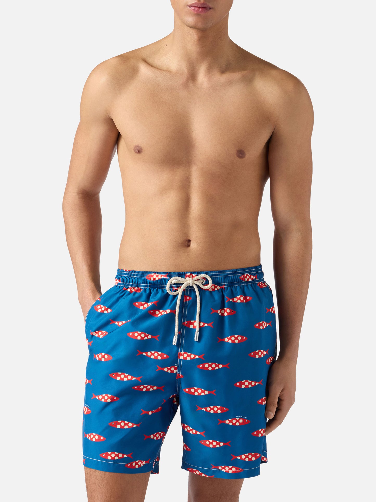 Blue Lighting swim shorts with all-over sardines print