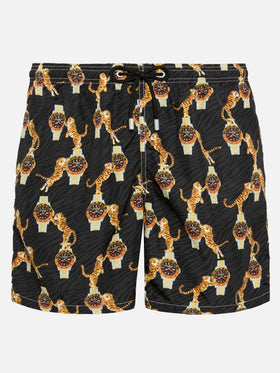 Lightweight fabric swim-shorts Lighting with watche and tiger print