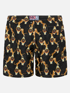 Lightweight fabric swim-shorts Lighting with watche and tiger print