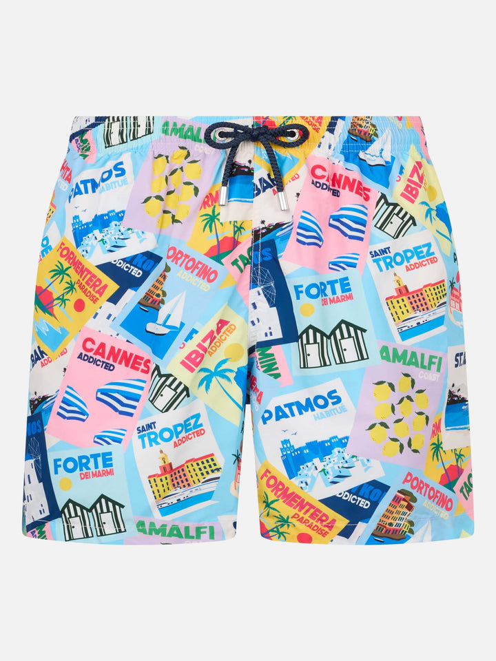Badeshorts aus leichtem Stoff „Lighting“ mit Postkarten-Print