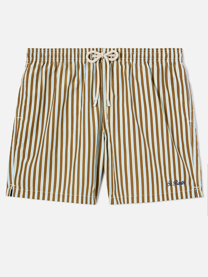 Brown striped Lighting swim shorts with St. Barth embroidery