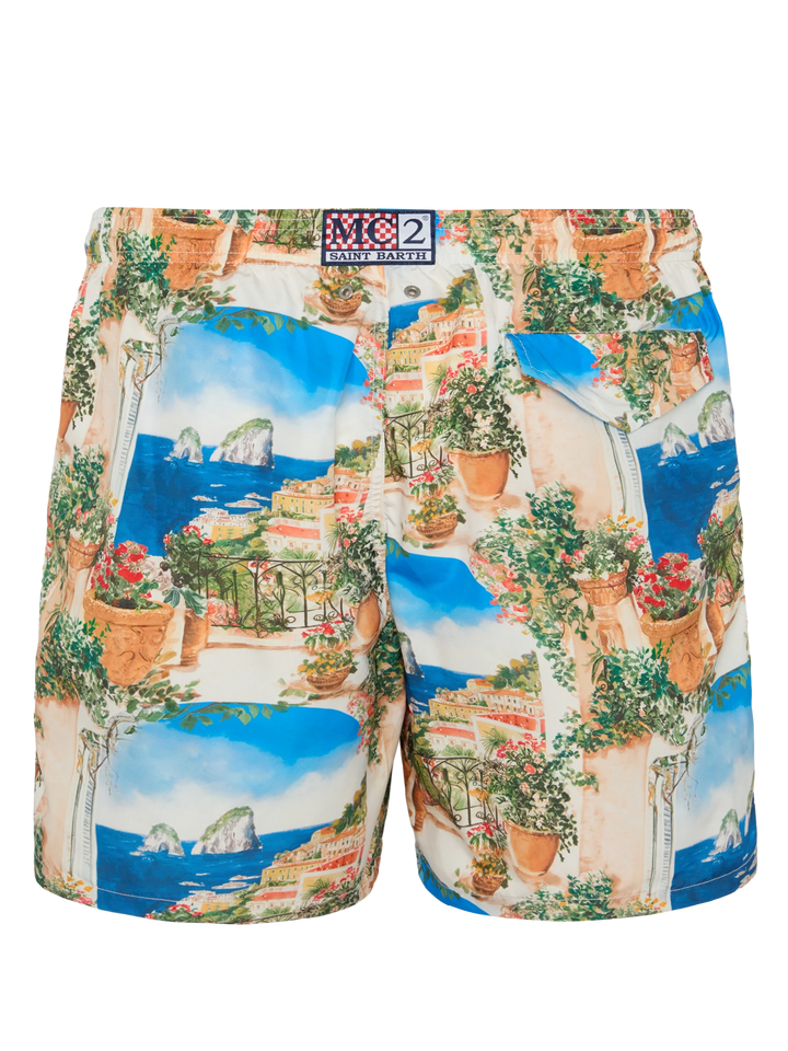 Lightweight fabric swim-shorts Lighting with Capri view print | AI CO-CREATED DESIGN BY RICKDICK - POWERED BY RED-EYE - MC2 Saint Barth