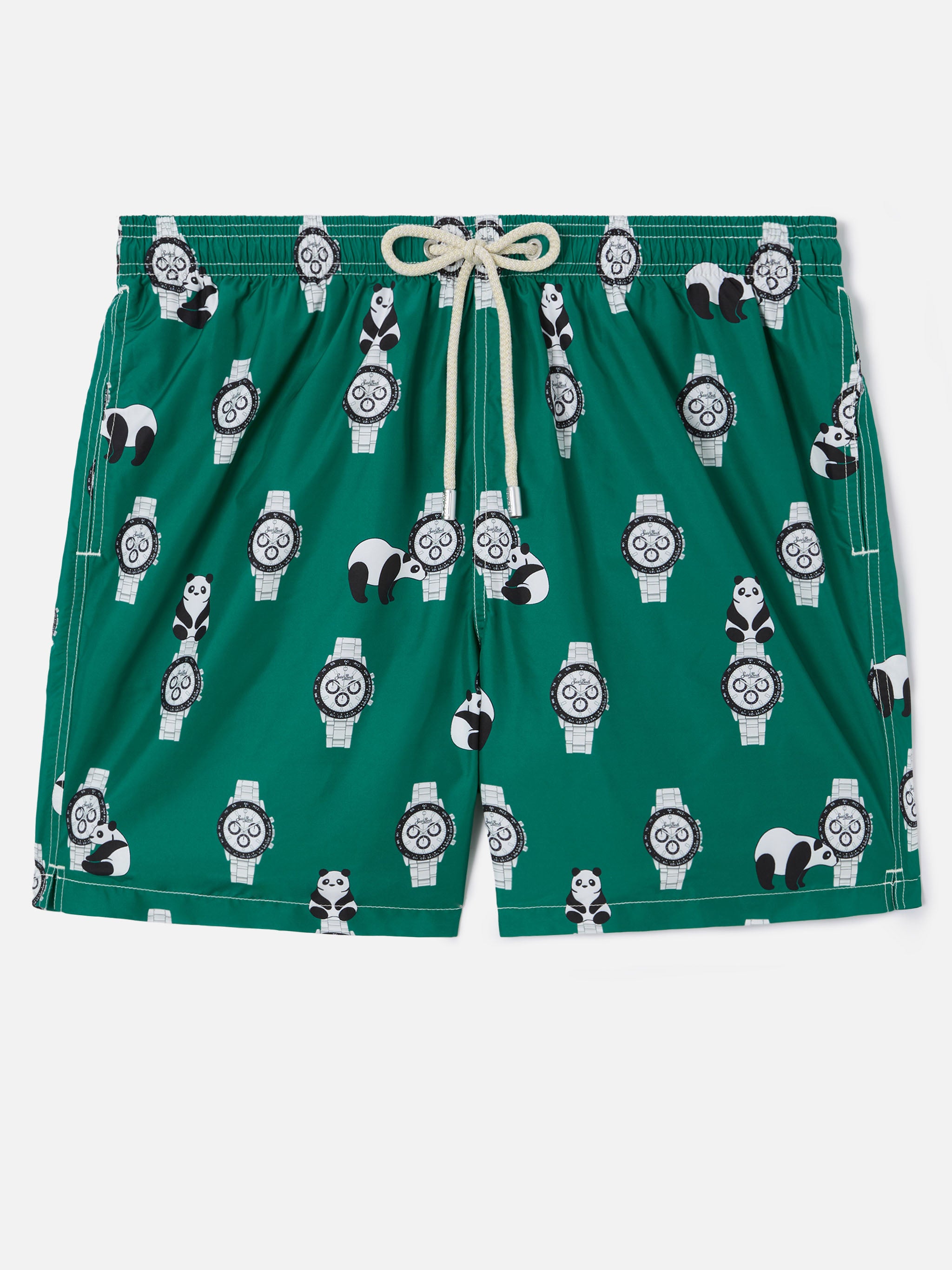 Green Lighting swim shorts with all-over panda and watches print