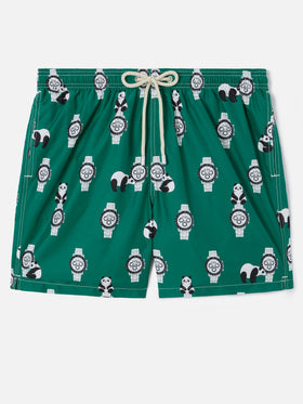 Costume mare Lighting verde con stampa panda e orologi all-over