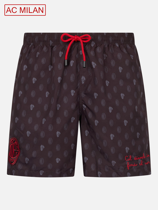 Man lightweight fabric swim shorts with Milan logo print and patch | AC MILAN SPECIAL EDITION