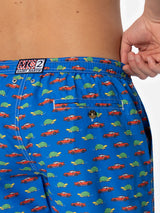 Man light fabric swim shorts with turtle and car print