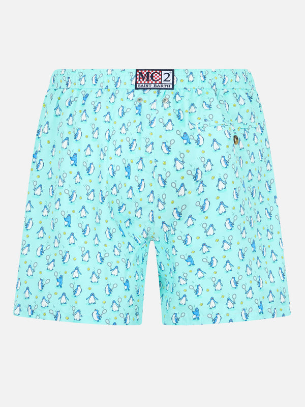 Man lightweight fabric swim-shorts Lighting Micro Fantasy with penguins print